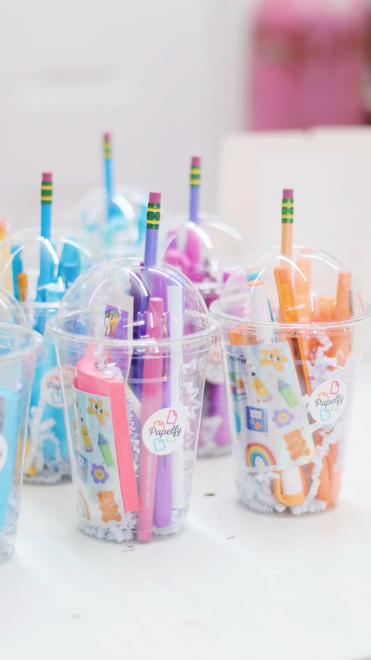 Return gift kits packed with pencils, pens and stickers